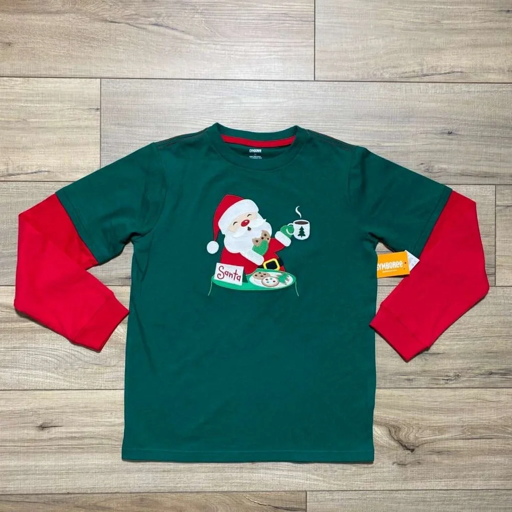 Gymboree Boys Layered Embroidered Long‎ Sleeve Christmas Santa Top Size 12 Green